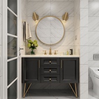 Meuble-lavabo autoportant classique blanc en bois massif avec miroir LED rétroéclairé à cadre doré, ensemble de meuble-lavabo pour la maison, directement de l'usine
