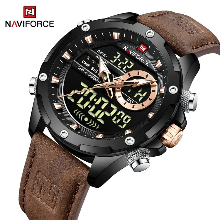 NAVIFORCE 9208 Top Quality Mens Leather Strap Multi Function Sports Quartz LED Digital Watch Dual Display Watch