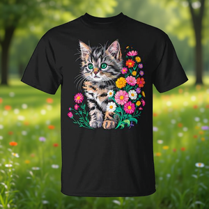 Camiseta con diseño de gato y flor, color negro, unisex, talla para adultos - Product Image 3