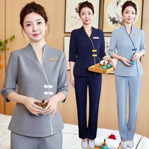 Nouvelle conception de tenues d'esthéticiennes à col <span class=keywords><strong>mandarin</strong></span>, manches trois quarts, uniforme de travail pour salon de beauté et centre de spa - Product Image 3