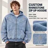 Sweat à capuche zippé personnalisé avec strass, en molleton de coton délavé, avec strass thermocollés, pour homme, style streetwear