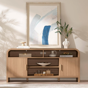 Contemporary Curved Profile Design TV <b>Cabinet</b> 2 Doors Console Table Wood Entertainment Center Furniture Light Oak Grey - Product Image 1