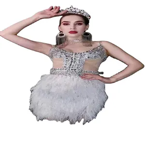 Glitter diamond white ostrich fur flesh dress bar commercial singer Ds guest dance team dance costume