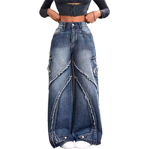<span class=keywords><strong>Jean</strong></span> en denim délavé ample pour femme, coupe droite évasée, patchwork, bords bruts, poches latérales - Product Image 4