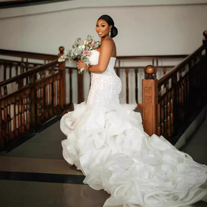 Mermaid Strapless Wedding Dress Organza Sequined Lace Ruffles White Custom Fit - Product Image 3