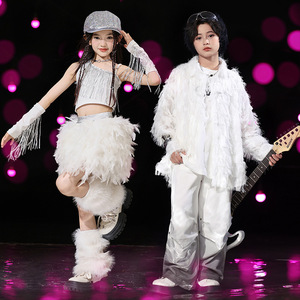 Abbigliamento Hip-hop Trendy per Bambini, <span class=keywords><strong>Vestiti</strong></span> Larghi <span class=keywords><strong>da</strong></span> Ragazzo per Capodanno, Abiti Trendy con Piume per Ragazze Jazz - Product Image 1