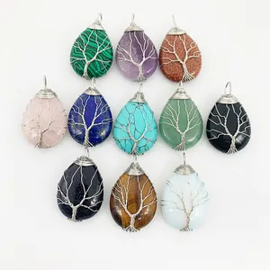 Hot Sell Stone Drop Pendant Life Tree Charm Silver Metal Wire Wrap For DIY Jewelry Woman Necklace Making Supplies