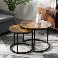 Table basse industrielle gigogne pour le balcon et le salon, ensemble de 2 tables d'appoint rondes modernes en bois avec pieds en métal robustes et facile à utiliser