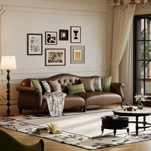 Sofá de Madera Maciza Estilo Americano, Diseño Recto, Cuero de Primera Calidad con Acabado Encerado, Sofá Antiguo de 3 Plazas para Sala de Estar o Villa - Product Image 1