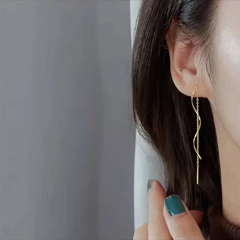 Korean vintage shiny Metal snake long bar tassel drop earrings women gold geometric fashion jewelry luxury hanging pendants