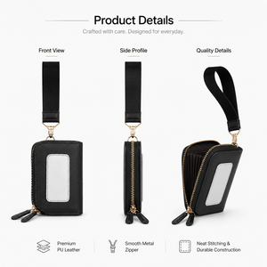 Porte-cartes minimaliste en PU avec dragonne amovible, fenêtre transparente pour carte d'identité, fermeture éclair, compact et portable, 4 pouces, pour cartes de crédit et d'identité - Product Image 5