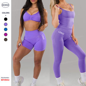 مجموعات ملابس رياضية شعبية للنساء، طقم يوجا بدون خياطة، طقم ليجنز برفع المؤخرة، بدلة تمرين للصالة الرياضية مع توب قصير بحمالة رقبة - Product Image 1