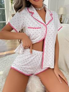 ชุดนอนผ้าฝ้ายพิมพ์ลายหัวใจแบบกำหนดเอง แต่งขอบหยัก ชุดนอนแขนสั้นสำหรับฤดูร้อน ชุดนอนผ้าโมดอลผสมใยไผ่สำหรับผู้หญิง - Product Image 3