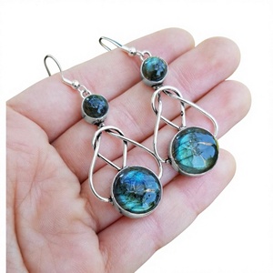 Geometric 925 <b>Silver</b> <b>Drop</b> <b>Earrings</b> With Natural Labradorite Bezel Set Bohemia Style Women's Everyday Wear Jewelry - Product Image 1