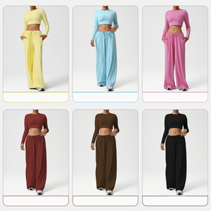 Venta al por mayor de ropa de las mujeres 2PCS Athleisure Chándales Mujeres de pierna ancha Pantalones sueltos Mujer Crop Top Conjuntos Traje Conjuntos Camiseta básica <span class=keywords><strong>Yoga</strong></span> - Product Image 3