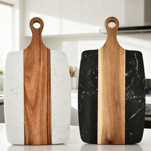 Planche à découper et à charcuterie rectangulaire en bois et marbre, double face, tendance été 2026, pour cuisine domestique - Product Image 5