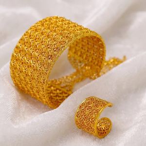 Conjunto de Joias de Casamento em Liga Banhada a Ouro 24K para Mulheres, Brincos e Anel de Noiva Modernos da Arábia Saudita para Festas, Noivados e Presentes de Dubai - Product Image 4