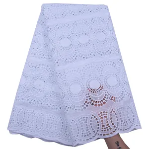 New Pure White 100% Cotton African Lace Fabric High Quality Nigerian Pure Cotton Lace Fabric With Stones 100% Cotton Laces 2184