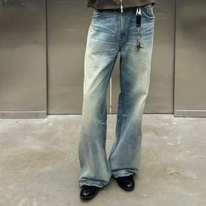 <span class=keywords><strong>Pantalones</strong></span> Vaqueros de Mezclilla con Logotipo Personalizado para Hombre, Estilo Retro, Desgastado, con Dobladillo Crudo, Corte Recto, Hip Hop, Lavado Enzimático, Impresión de Alta Calidad y Bordado - Product Image 2