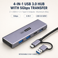 Hub USB 4 en 1 5 Gbps USB 3.0 Gen1 en alliage d'aluminium avec 2 ports USB-A et 2 ports Type-C avec câble détachable pour ordinateur portable PC Vente en gros