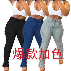 Donne 2023 solido Jeans Cargo a vita alta donna Denim pantaloni Cargo buoni pantaloni lunghi Casual dritti da donna pieghettati elasticizzati