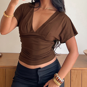 Camiseta Sexy con Escote en V Profundo, Plisada, de Manga Corta, Color Sólido, Básica, Ajustada a la Cintura, con Espalda Descubierta y Lazos - Product Image 1