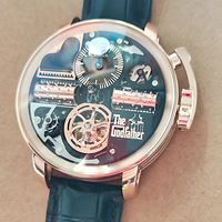 Montre squelette pour homme, boîtier en acier inoxydable, cadran rouge rose de 49 mm, mouvement mécanique, bracelet en cuir véritable