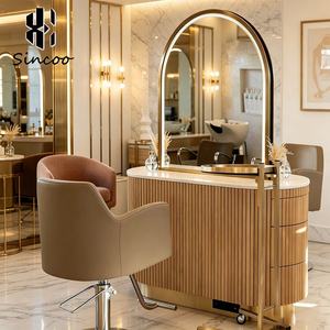 Estación de Espejo Doble de Diseño Personalizado para Barbería de Lujo, Estación de Espejo LED Curvo Ovalado con Mesa para Salón de Belleza - Product Image 4