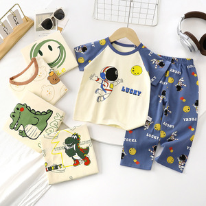Fabrika doğrudan satış düşük fiyat 2 parça karikatür desen yaz pamuk rahat çocuklar kısa kollu pijama T-shirt pantolon seti - Product Image 1