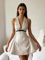 Robe Courte Femme Printemps-Automne à Col V et Taille Haute, Sans Manches, Dos Nu, Imprimé Pois de Haute Qualité