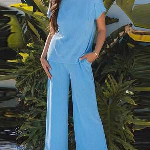 Conjunto Casual de Dos Piezas para Mujer, Top de Manga Corta con Textura Acanalada y Pantalones Anchos, Color Albaricoque, Rosa, Azul Claro, Gris, Tallas S, M, L - Product Image 3