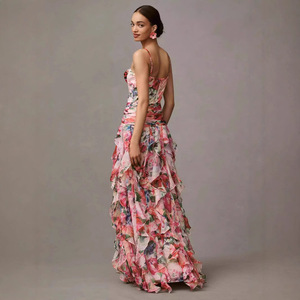 Off-Shoulder Floral Print Chiffon Evening Dress Empire Waist <b>Long</b> <b>Spaghetti</b> Strap Sheer Layer Women's Formal Wear - Product Image 2