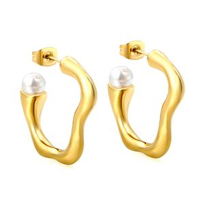 Pendientes Minimalistas de Acero Inoxidable Chapados en Oro de 18k, Forma de Ola Irregular en Forma de C, Joyería Impermeable, Pendientes de Aro con Perlas para Mujer - Product Image 4