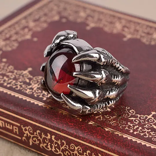 Anillo de dedo Retro de aleación de Zinc para hombre, joyería de moda al por mayor, cristal rojo, garra de dragón, 2022