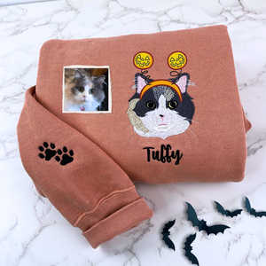 Chat brodé personnalisé Portrait Photo femmes Halloween sorcière chapeau sweat à capuche hiver automne tissé tissu 3D motif avant - Product Image 1