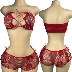 Viviblook Z206ST01 <b>Women'S</b> <b>Sexy</b> <b>Lingerie</b> Set Rhinestone Strapless Crop Top Lace Up Shorts Knitted Hollow Out Two Pieces Set - Product Image 1