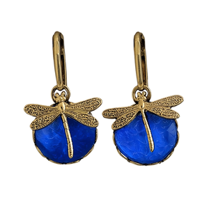 Pendientes colgantes vintage con diseño de libélula para mujer, chapados en oro antiguo, con cristal azul y engaste de bisel de diamantes de imitación, joyería colgante de moda. - Product Image 1