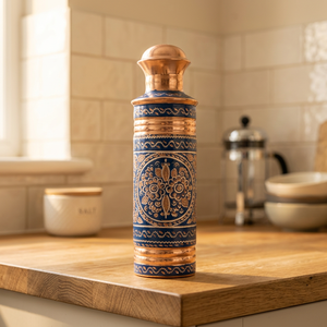Botella de Agua de Cobre Hecha a Mano con Diseño Floral Azul Grabado, Botella Tradicional India para Beber, Vajilla Decorativa de Cobre para el Hogar - Product Image 5