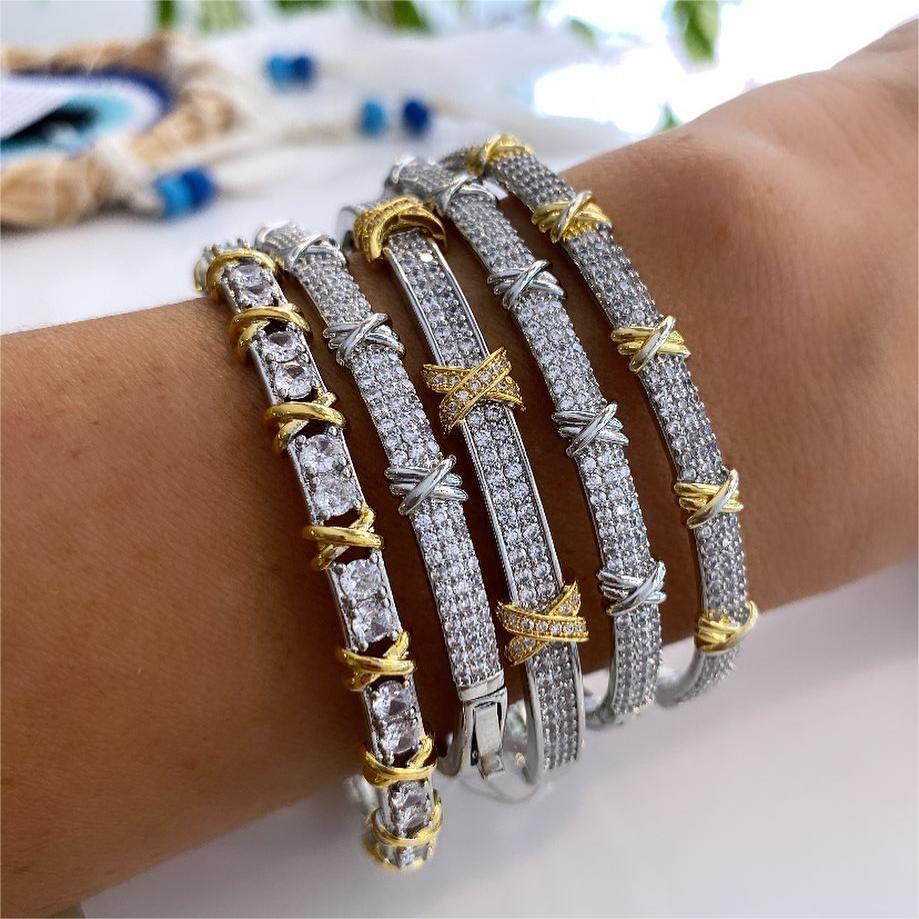 Iced Out Gold Plated Friendship Bracelet Cubic Zirconia XO Bangle Icy Two-tone Diamond Cuff Bangle Bracelet For Women