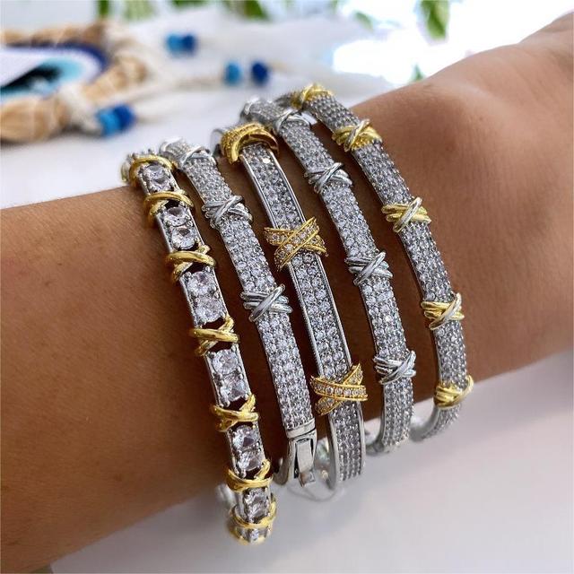 Two Tone Cubic Zirconia Cuff Bangle Bracelet for Women Gold Plated Friendship Jewelry Icy Fashion Gift Collection