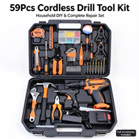 Kit d'outils de perçage sans fil au lithium 59 pièces avec 2 batteries et pistolet à colle chaude, boîte à outils multifonctionnelle pour la réparation et le bricolage à domicile