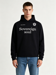 Felpa con Cappuccio a Maniche Lunghe Nera da Uomo, Ricamo con Scritta 'Sovereign Soul', Pullover Casual Minimalista Streetwear - Product Image 2