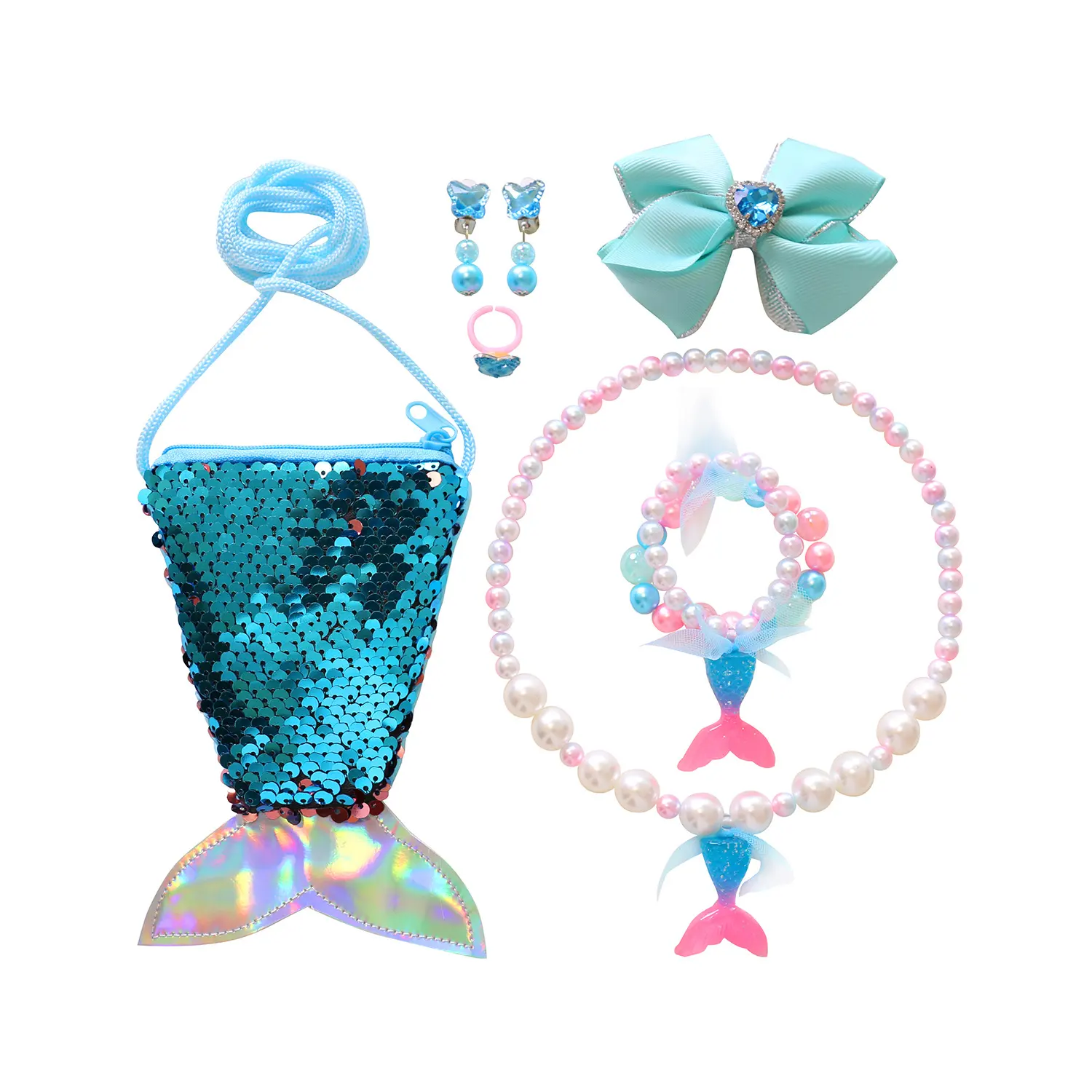 Gll ragazze principessa sirena Design borsa collana bracciale orecchini anello clip per capelli Kit per vestire le ragazze Set gioielli