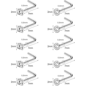 Lot de 10 anneaux de nez en acier inoxydable 20G, clous de piercing pour femmes et hommes, piercing de nez en forme de L avec diamant CZ rond de 2 mm - Product Image 2