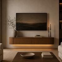 Meuble TV mural flottant de luxe moderne en bois cannelé pour villa, hôtel, projet OEM/ODM, fabricant