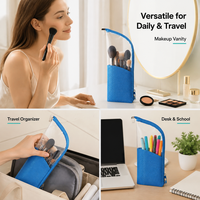 Trousse de Maquillage Verticale avec Fenêtre Transparente, Imperméable, Multi-Compartiments, Porte-Pinceaux, Organisateur Cosmétique Portable, Pochette de Voyage