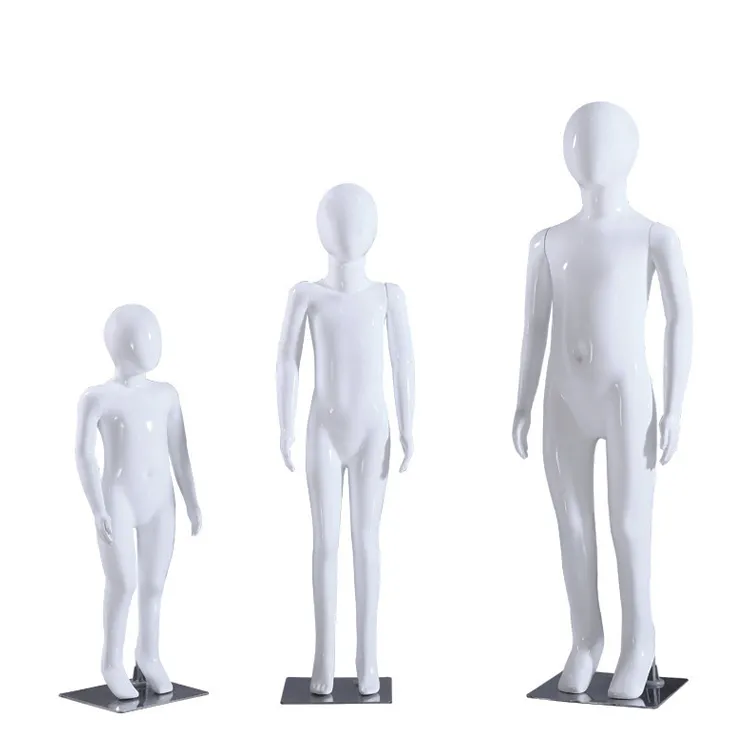 Maniquí de plástico con cabeza de huevo blanca brillante para niños, soporte de cuerpo completo para exhibición de ropa de niña pequeña