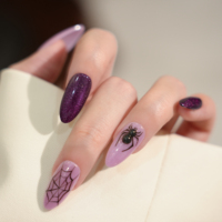 Ongles à presser en amande, motif œil de chat, fantôme et citrouille d'Halloween, dessin animé, couverture complète