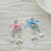 Porte-clés en métal avec breloque cœur étoile, perles et nœud, ruban rose pastel et bleu, cadeau mignon pour filles