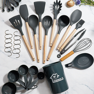 Juego de 33 piezas de accesorios de cocina antiadherentes, utensilios de cocina de silicona, utensilios de cocina de madera con mango de madera - Product Image 4